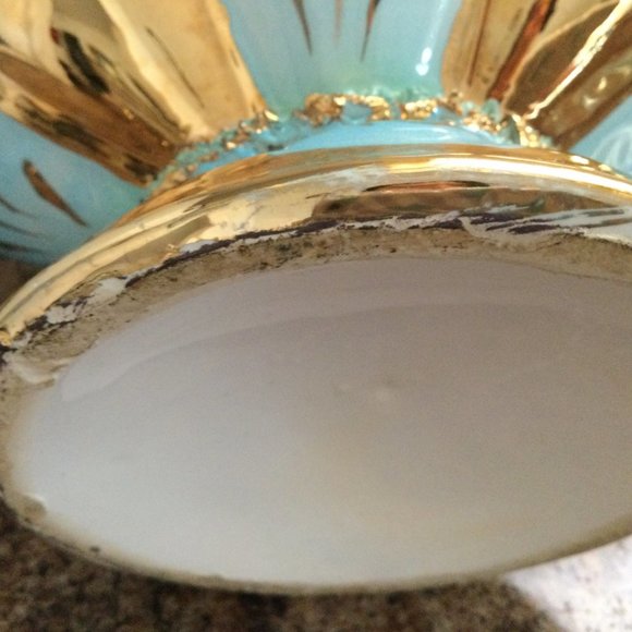 Vintage big bowl footed handled heavy gold gild sky blue hand painted - Picture 8 of 8